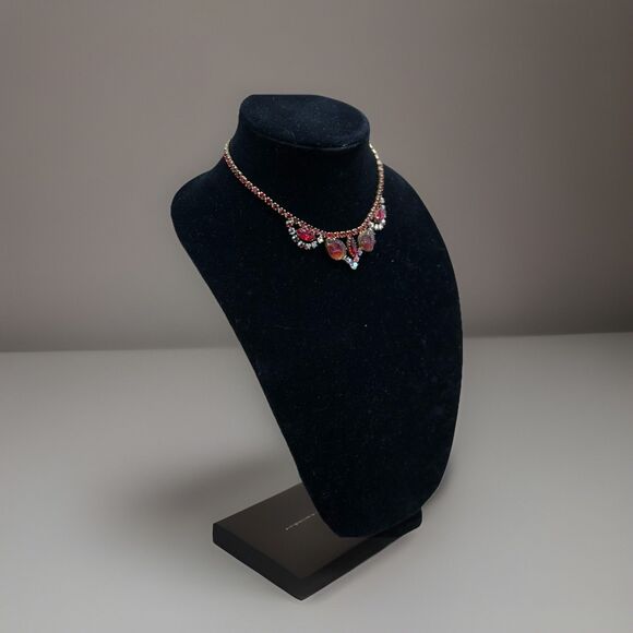 Vintage Red Rhinestone Necklace Mid-Century Molded Glass Choker Aurora Borealis - Picture 4 of 9